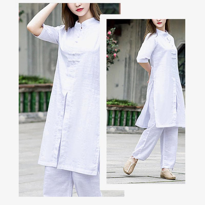 Buddha Stones 2 uds camisa de media manga Top pantalones meditación Zen Tai Chi ropa de lino conjunto de mujer