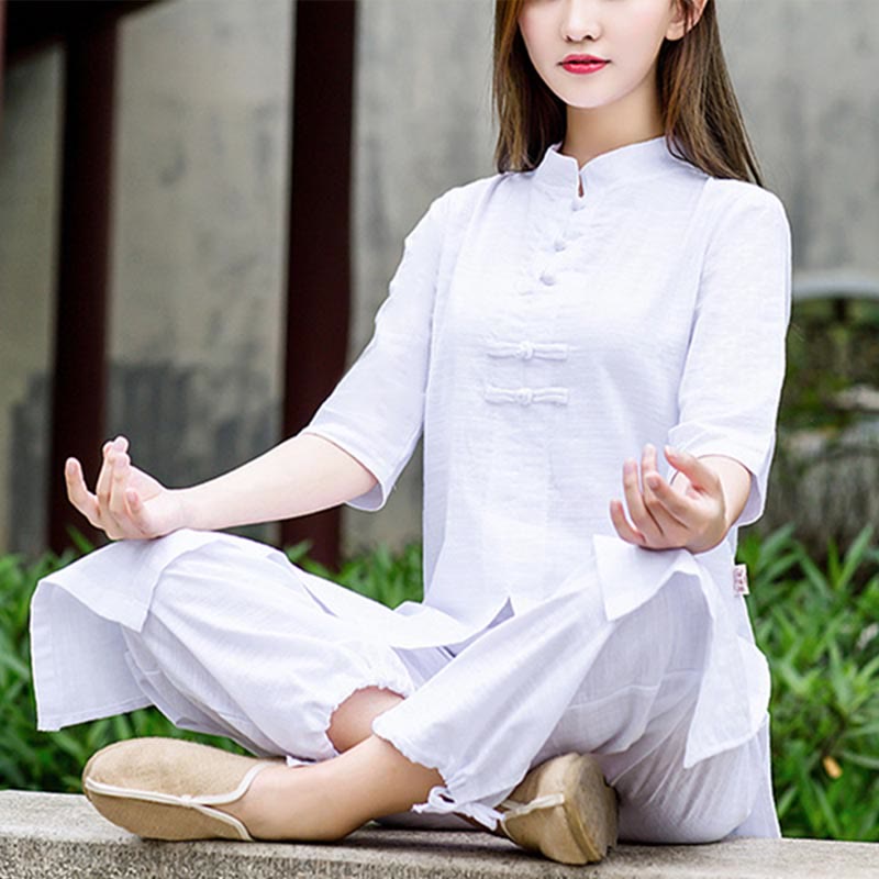 Buddha Stones 2 uds camisa de media manga Top pantalones meditación Zen Tai Chi ropa de lino conjunto de mujer