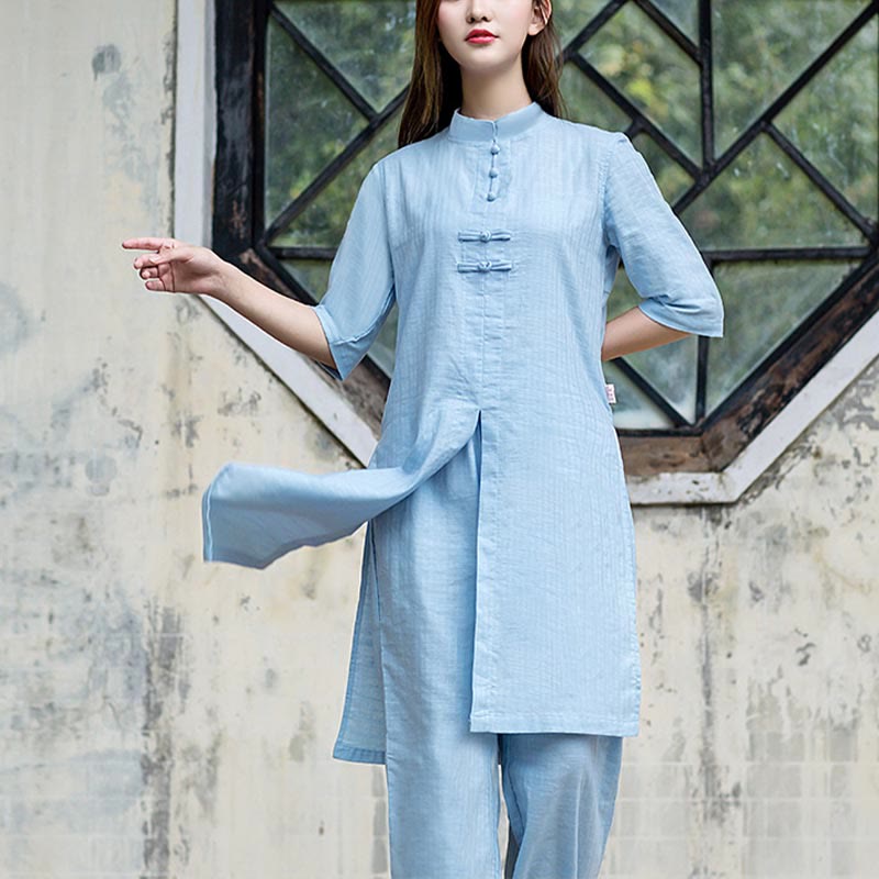 Buddha Stones 2 uds camisa de media manga Top pantalones meditación Zen Tai Chi ropa de lino conjunto de mujer