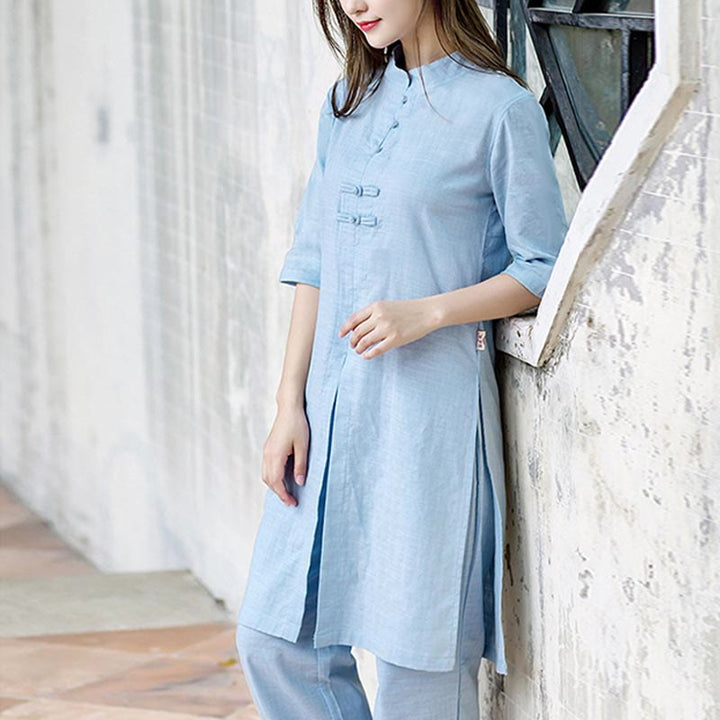Buddha Stones 2 uds camisa de media manga Top pantalones meditación Zen Tai Chi ropa de lino conjunto de mujer