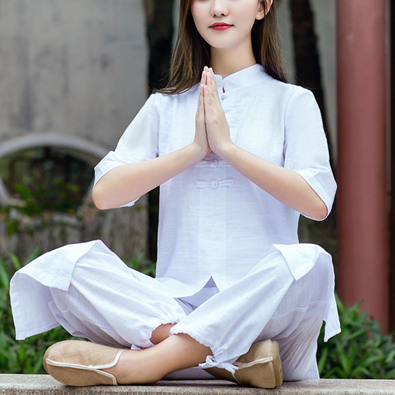 Buddha Stones 2 uds camisa de media manga Top pantalones meditación Zen Tai Chi ropa de lino conjunto de mujer