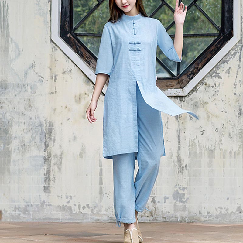 Buddha Stones 2 uds camisa de media manga Top pantalones meditación Zen Tai Chi ropa de lino conjunto de mujer