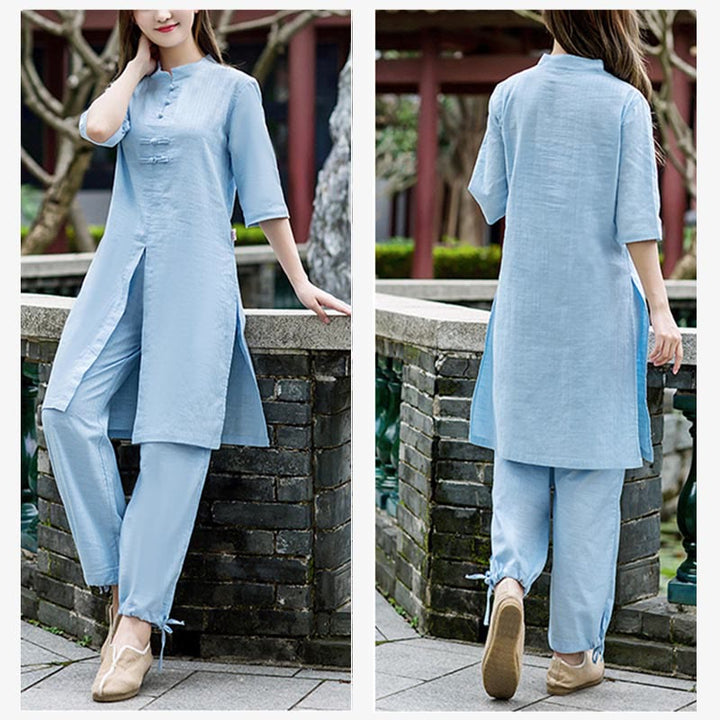 Buddha Stones 2 uds camisa de media manga Top pantalones meditación Zen Tai Chi ropa de lino conjunto de mujer