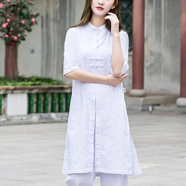 Buddha Stones 2 uds camisa de media manga Top pantalones meditación Zen Tai Chi ropa de lino conjunto de mujer