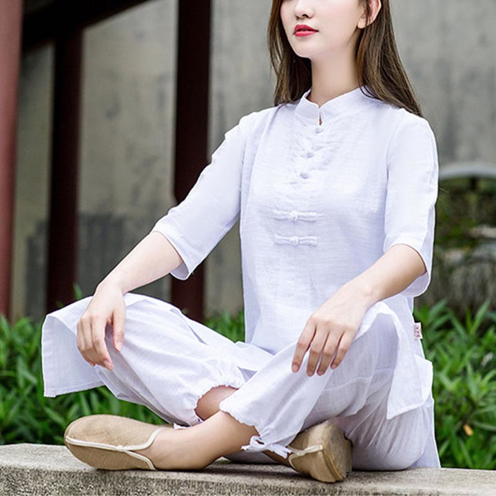 Buddha Stones 2 uds camisa de media manga Top pantalones meditación Zen Tai Chi ropa de lino conjunto de mujer