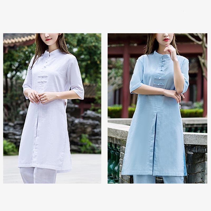 Buddha Stones 2 uds camisa de media manga Top pantalones meditación Zen Tai Chi ropa de lino conjunto de mujer
