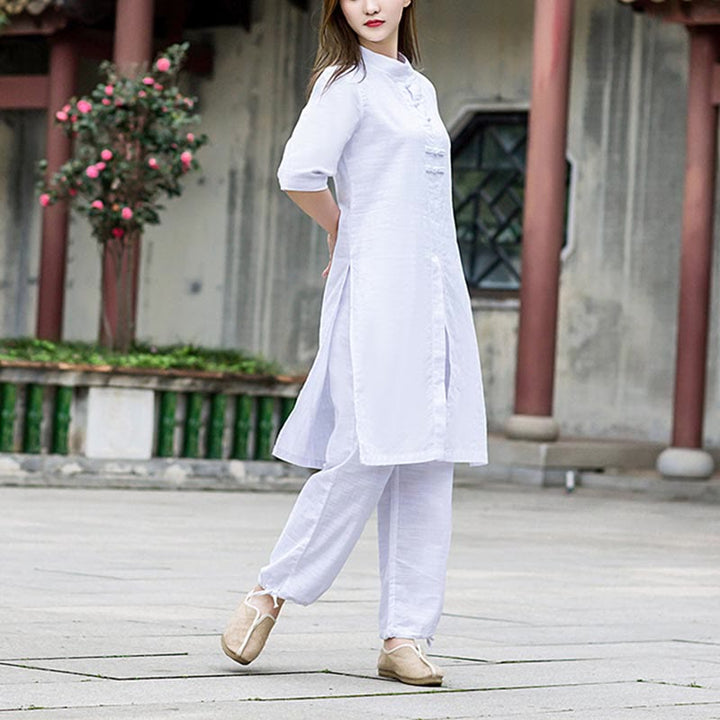 Buddha Stones 2 uds camisa de media manga Top pantalones meditación Zen Tai Chi ropa de lino conjunto de mujer