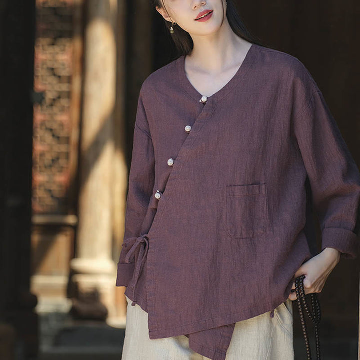 Blusa suelta de lino de ramio de Color sólido con Buddha Stones, camisa de manga larga, Top Hanfu chino - Morado (busto 116 cm) (solo parte superior) - image 16