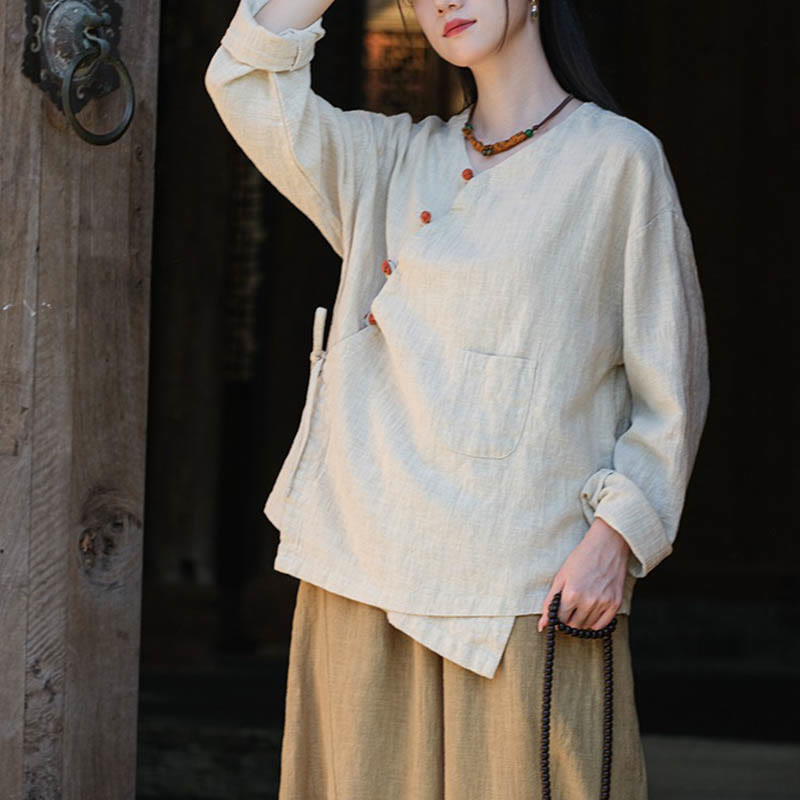 Blusa suelta de lino de ramio de Color sólido con Buddha Stones, camisa de manga larga, Top Hanfu chino - image 1