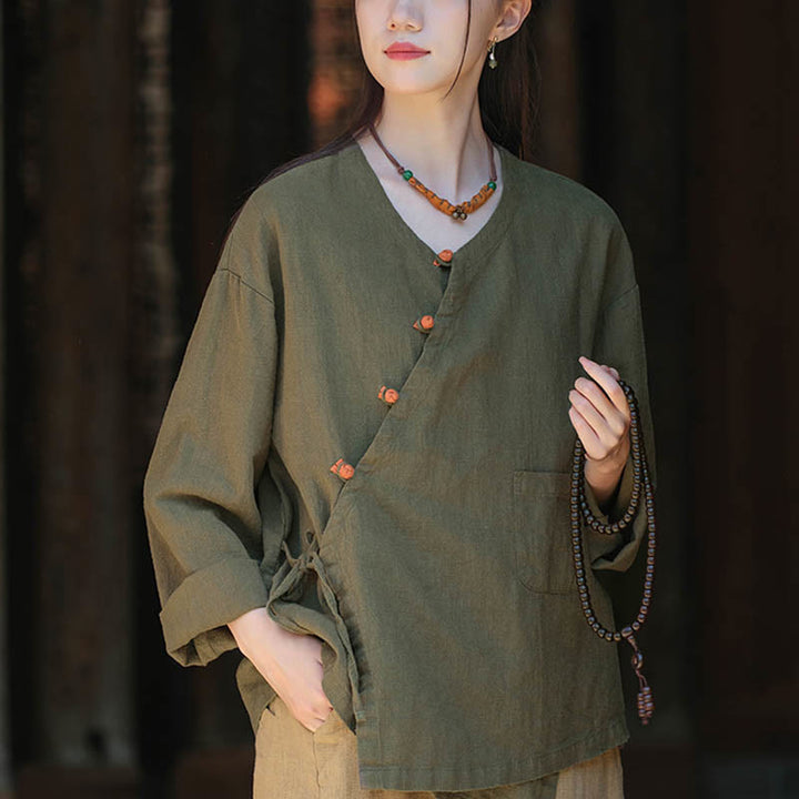 Blusa suelta de lino de ramio de Color sólido con Buddha Stones, camisa de manga larga, Top Hanfu chino - Verde (busto 116 cm) (solo parte superior) - image 9