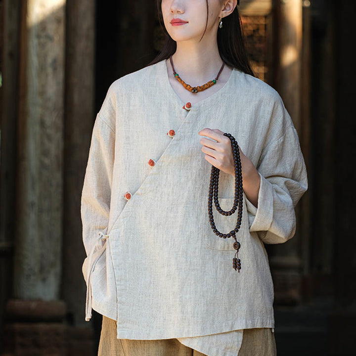 Blusa suelta de lino de ramio de Color sólido con Buddha Stones, camisa de manga larga, Top Hanfu chino - Beige (busto 116 cm) (solo parte superior) - image 0