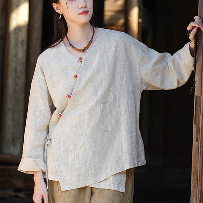 Blusa suelta de lino de ramio de Color sólido con Buddha Stones, camisa de manga larga, Top Hanfu chino - image 2