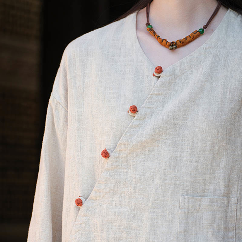 Blusa suelta de lino de ramio de Color sólido con Buddha Stones, camisa de manga larga, Top Hanfu chino - image 8