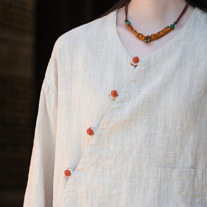 Blusa suelta de lino de ramio de Color sólido con Buddha Stones, camisa de manga larga, Top Hanfu chino - image 8