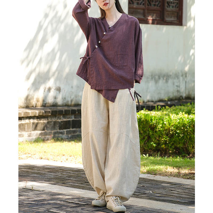 Blusa suelta de lino de ramio de Color sólido con Buddha Stones, camisa de manga larga, Top Hanfu chino - image 23