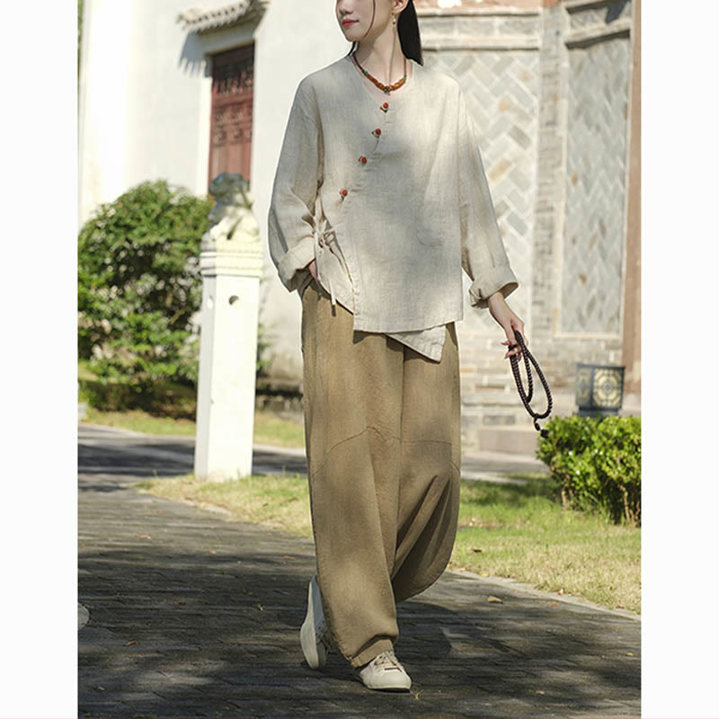 Blusa suelta de lino de ramio de Color sólido con Buddha Stones, camisa de manga larga, Top Hanfu chino - image 6