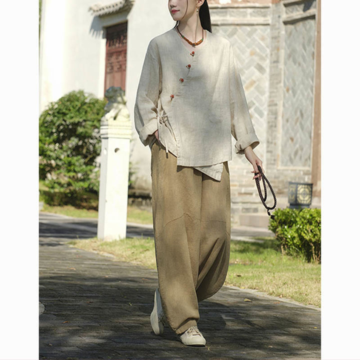 Blusa suelta de lino de ramio de Color sólido con Buddha Stones, camisa de manga larga, Top Hanfu chino - image 6