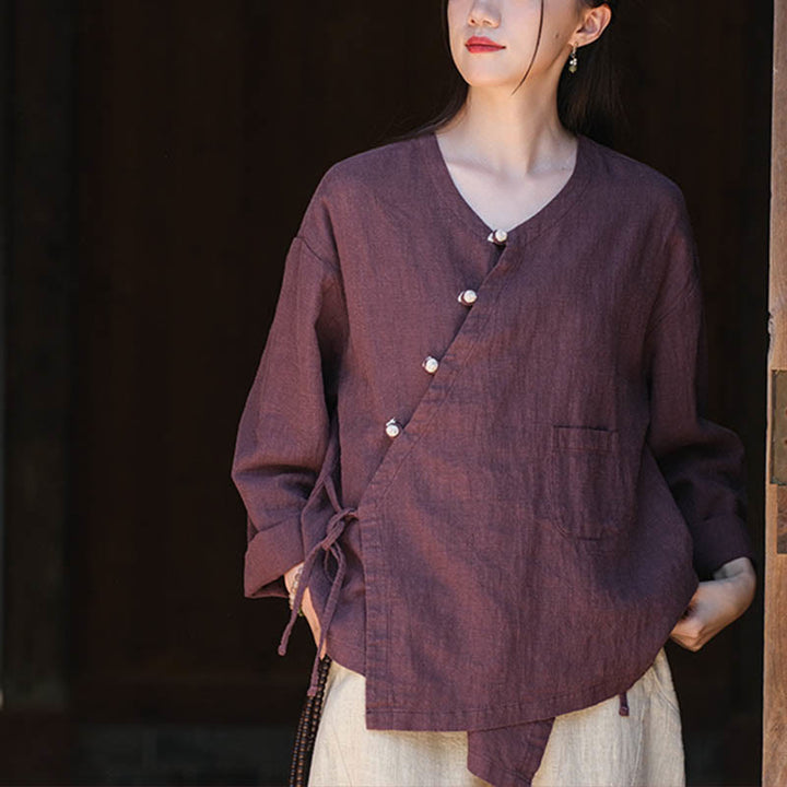 Blusa suelta de lino de ramio de Color sólido con Buddha Stones, camisa de manga larga, Top Hanfu chino - image 18