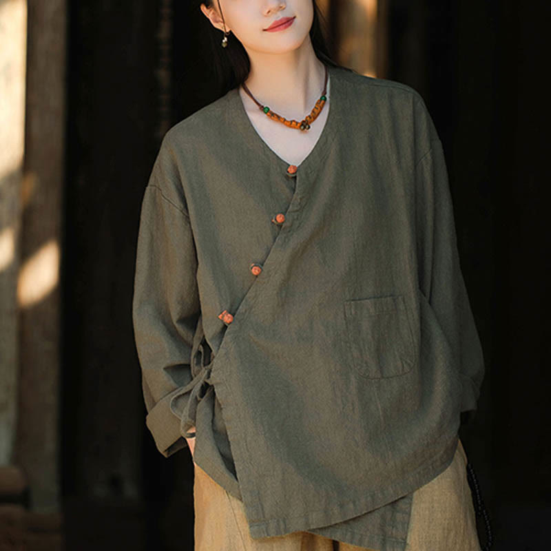 Blusa suelta de lino de ramio de Color sólido con Buddha Stones, camisa de manga larga, Top Hanfu chino - image 11
