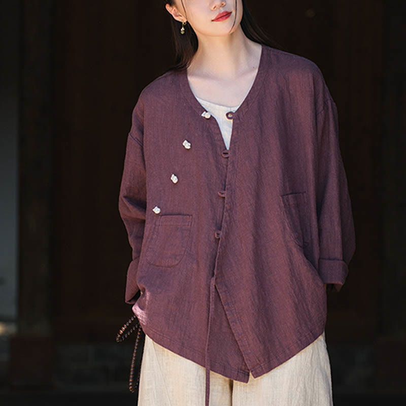 Blusa suelta de lino de ramio de Color sólido con Buddha Stones, camisa de manga larga, Top Hanfu chino - image 19