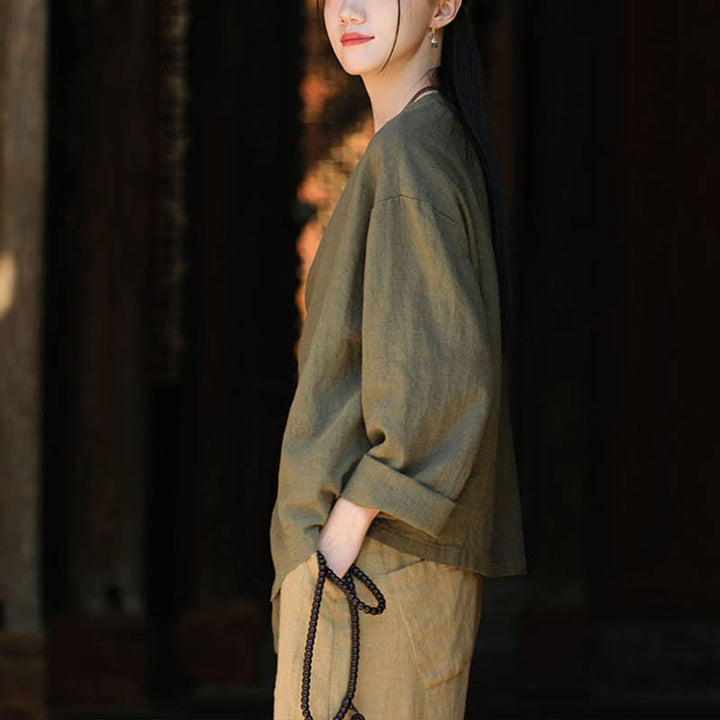 Blusa suelta de lino de ramio de Color sólido con Buddha Stones, camisa de manga larga, Top Hanfu chino - image 13