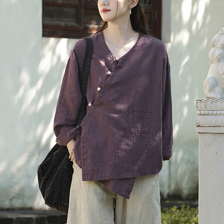 Blusa suelta de lino de ramio de Color sólido con Buddha Stones, camisa de manga larga, Top Hanfu chino - image 22