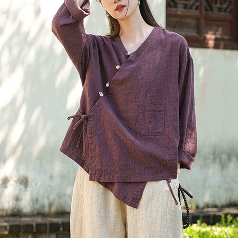 Blusa suelta de lino de ramio de Color sólido con Buddha Stones, camisa de manga larga, Top Hanfu chino - image 21