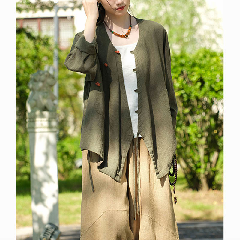 Blusa suelta de lino de ramio de Color sólido con Buddha Stones, camisa de manga larga, Top Hanfu chino - image 14