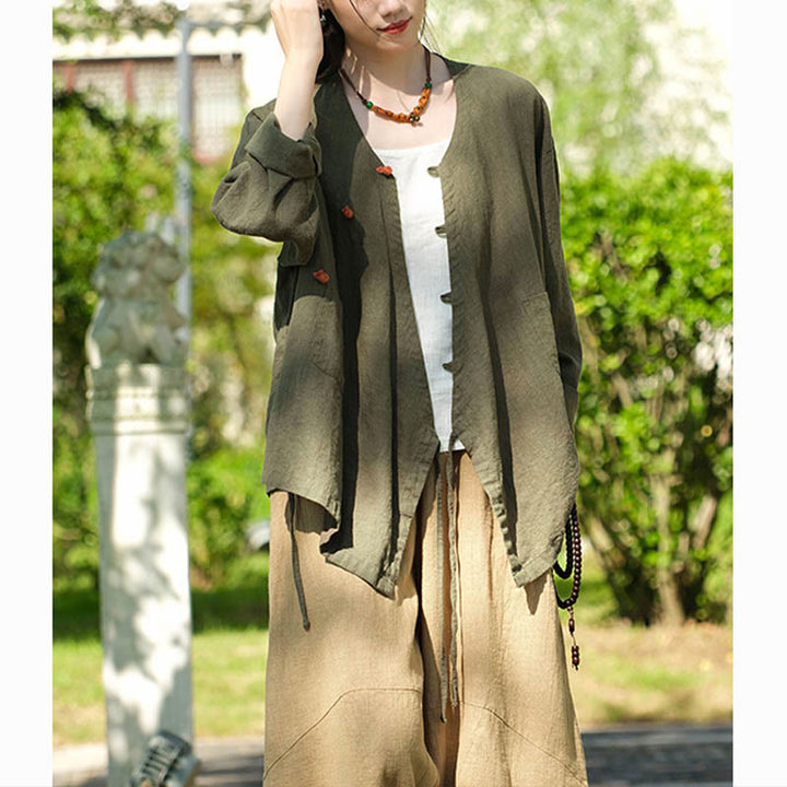 Blusa suelta de lino de ramio de Color sólido con Buddha Stones, camisa de manga larga, Top Hanfu chino - image 14