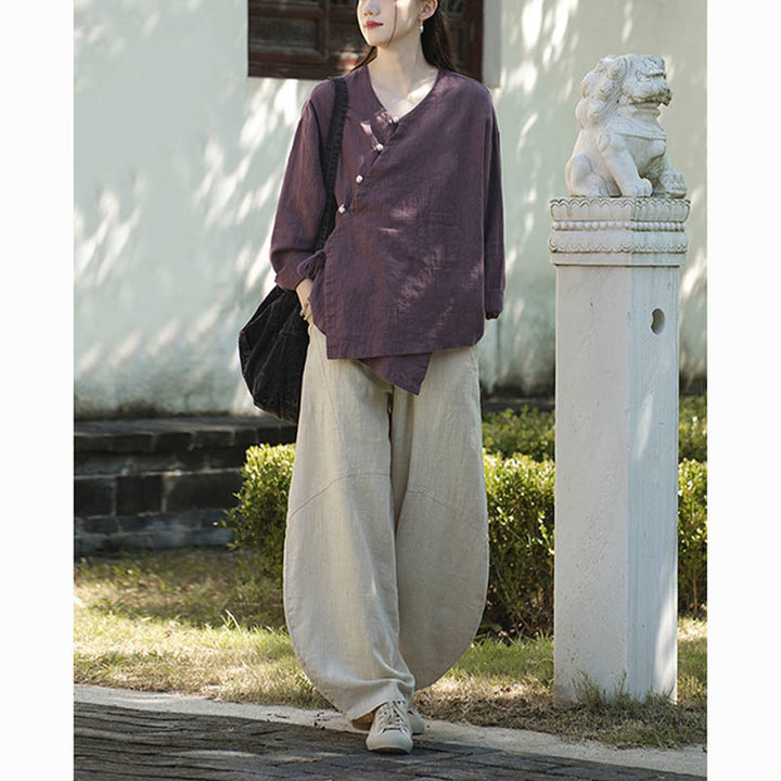 Blusa suelta de lino de ramio de Color sólido con Buddha Stones, camisa de manga larga, Top Hanfu chino - image 24