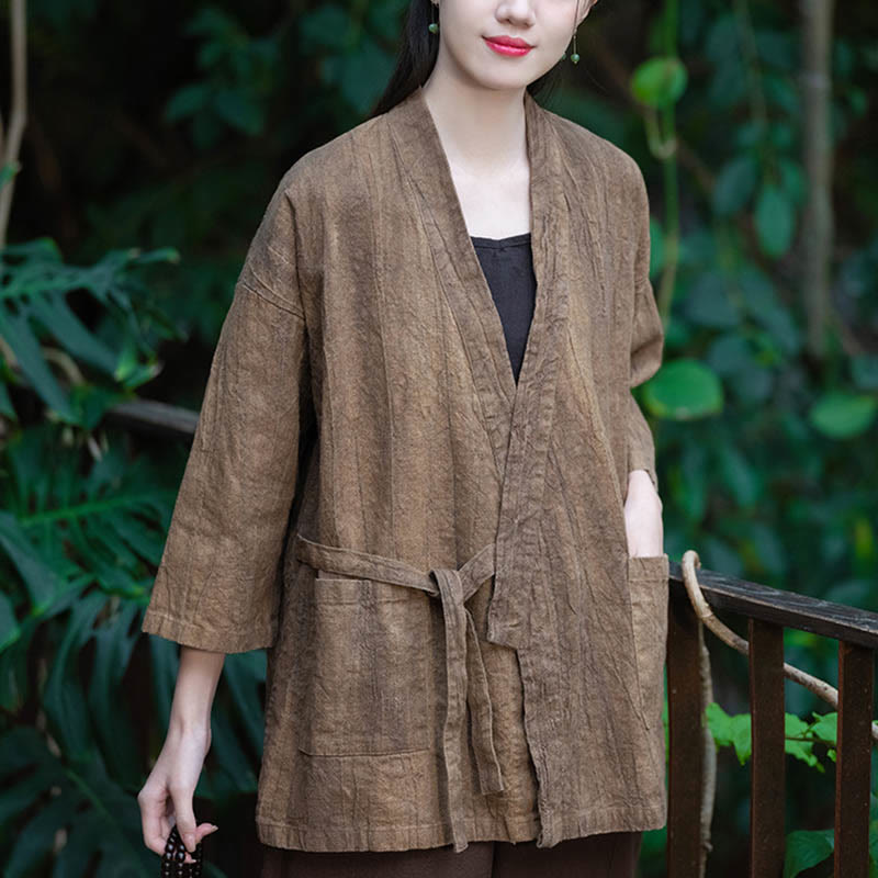 Buddha Stones Hanfu Design Chaqueta de lino de ramio con manga tres cuartos Chaqueta superior con parte delantera abierta - image 15