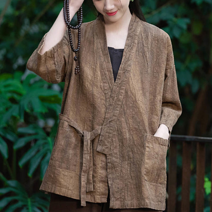 Buddha Stones Hanfu Design Chaqueta de lino de ramio con manga tres cuartos Chaqueta superior con parte delantera abierta - Marrón - US4-8/10, UK/AU8-12/14, EU36-40/42 (F)(Solo abrigo) - image 13