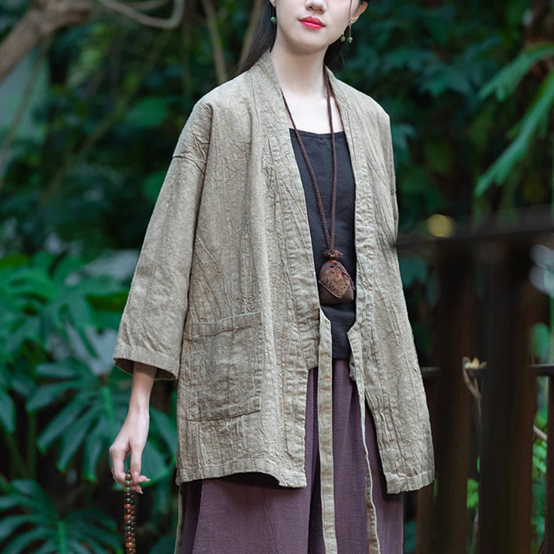 Buddha Stones Hanfu Design Chaqueta de lino de ramio con manga tres cuartos Chaqueta superior con parte delantera abierta - image 2