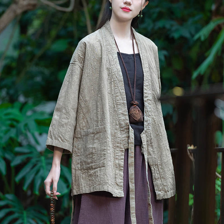 Buddha Stones Hanfu Design Chaqueta de lino de ramio con manga tres cuartos Chaqueta superior con parte delantera abierta - image 2