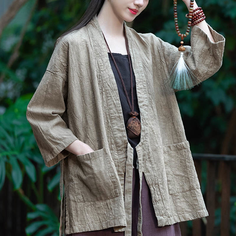 Buddha Stones Hanfu Design Chaqueta de lino de ramio con manga tres cuartos Chaqueta superior con parte delantera abierta - image 7