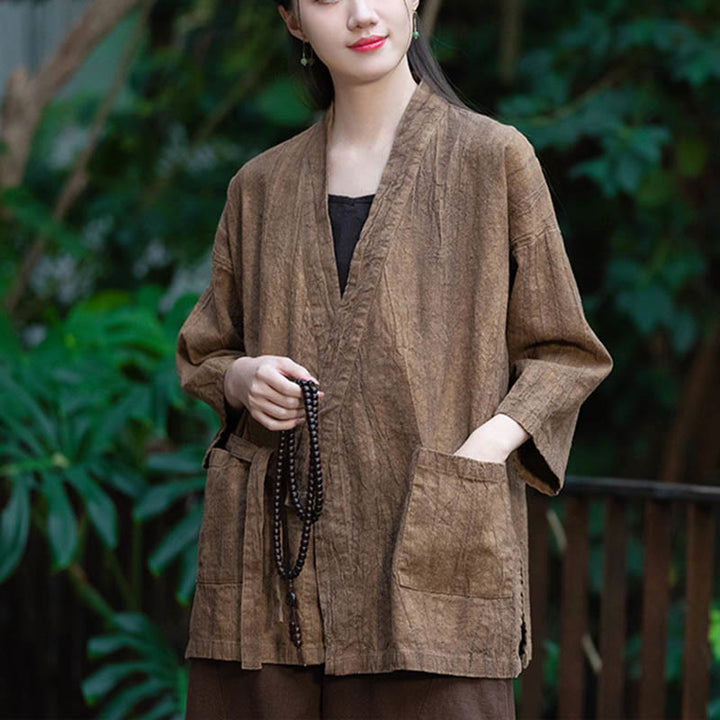Buddha Stones Hanfu Design Chaqueta de lino de ramio con manga tres cuartos Chaqueta superior con parte delantera abierta - image 16