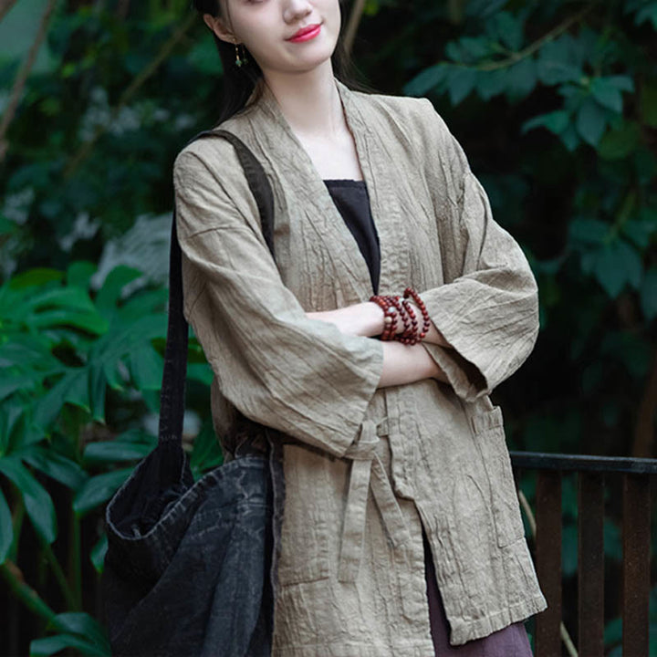 Buddha Stones Hanfu Design Chaqueta de lino de ramio con manga tres cuartos Chaqueta superior con parte delantera abierta - image 1