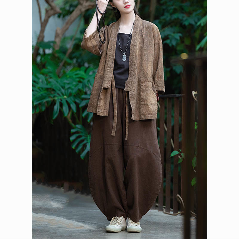 Buddha Stones Hanfu Design Chaqueta de lino de ramio con manga tres cuartos Chaqueta superior con parte delantera abierta - image 25