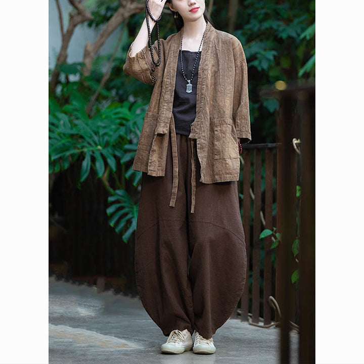 Buddha Stones Hanfu Design Chaqueta de lino de ramio con manga tres cuartos Chaqueta superior con parte delantera abierta - image 25