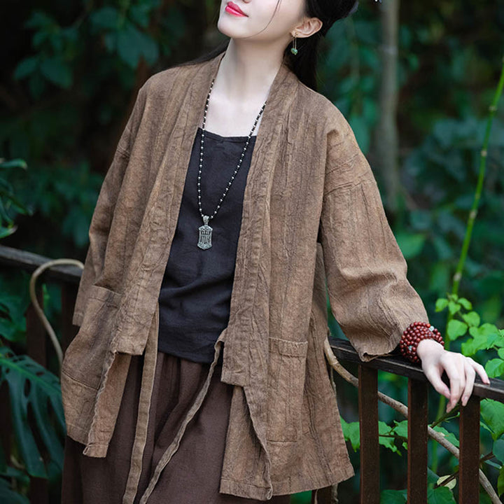 Buddha Stones Hanfu Design Chaqueta de lino de ramio con manga tres cuartos Chaqueta superior con parte delantera abierta - image 19