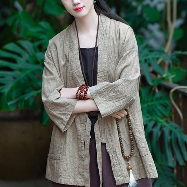 Buddha Stones Hanfu Design Chaqueta de lino de ramio con manga tres cuartos Chaqueta superior con parte delantera abierta - image 5