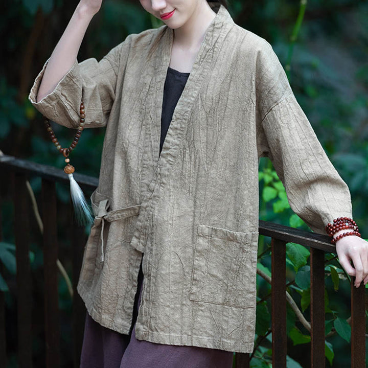 Buddha Stones Hanfu Design Chaqueta de lino de ramio con manga tres cuartos Chaqueta superior con parte delantera abierta - image 3