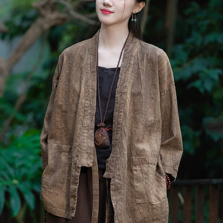 Buddha Stones Hanfu Design Chaqueta de lino de ramio con manga tres cuartos Chaqueta superior con parte delantera abierta - image 17