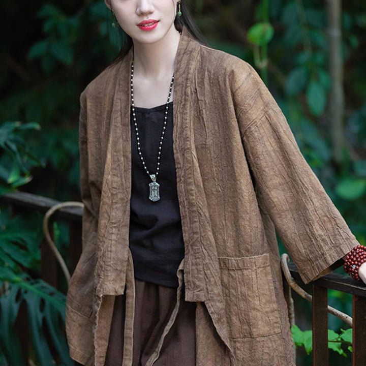 Buddha Stones Hanfu Design Chaqueta de lino de ramio con manga tres cuartos Chaqueta superior con parte delantera abierta - image 18