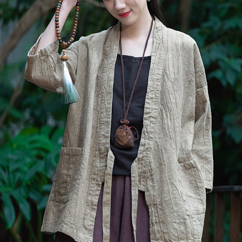 Buddha Stones Hanfu Design Chaqueta de lino de ramio con manga tres cuartos Chaqueta superior con parte delantera abierta - Beige - US4-8/10, UK/AU8-12/14, EU36-40/42 (F)- (Solo abrigo) - image 0