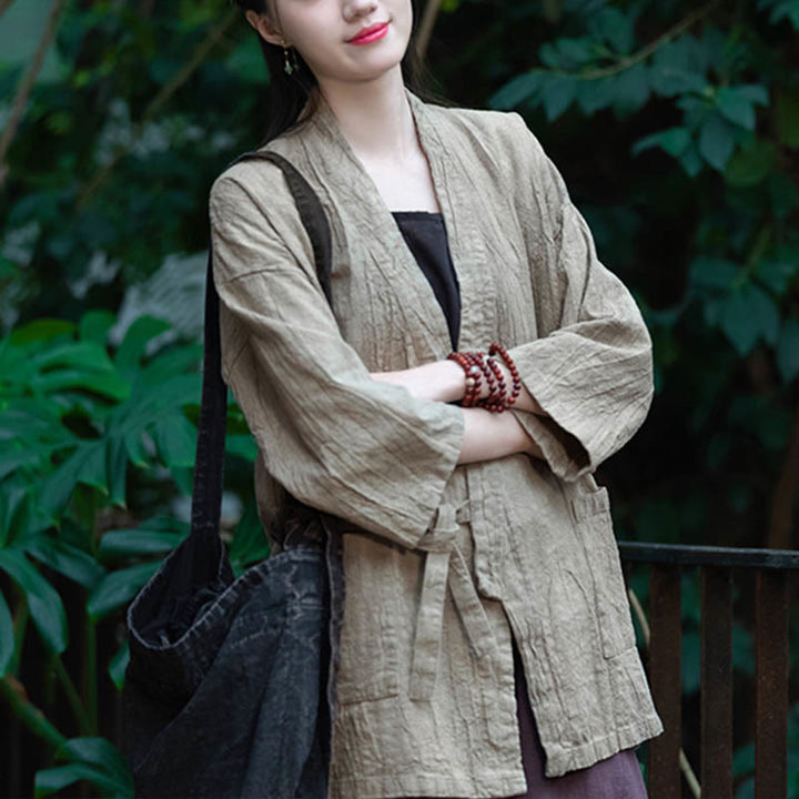 Buddha Stones Hanfu Design Chaqueta de lino de ramio con manga tres cuartos Chaqueta superior con parte delantera abierta - image 6