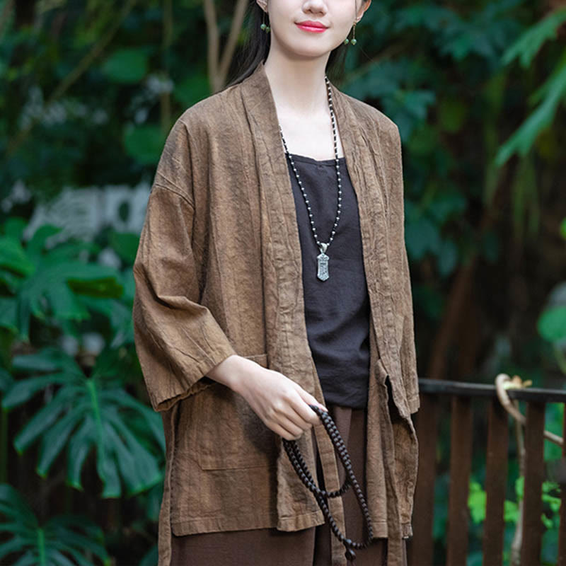 Buddha Stones Hanfu Design Chaqueta de lino de ramio con manga tres cuartos Chaqueta superior con parte delantera abierta - image 20
