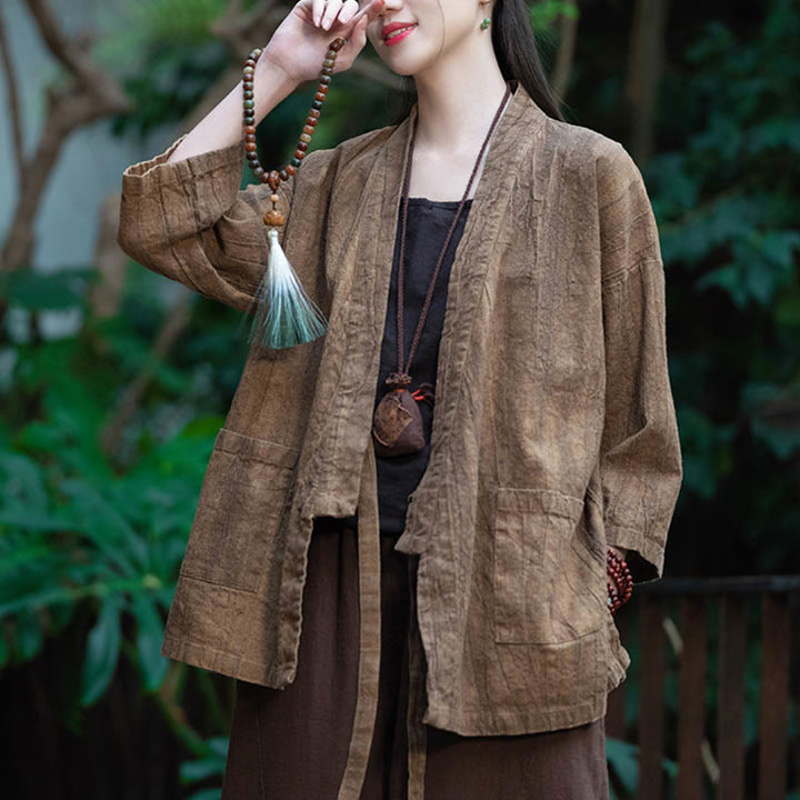 Buddha Stones Hanfu Design Chaqueta de lino de ramio con manga tres cuartos Chaqueta superior con parte delantera abierta - image 22