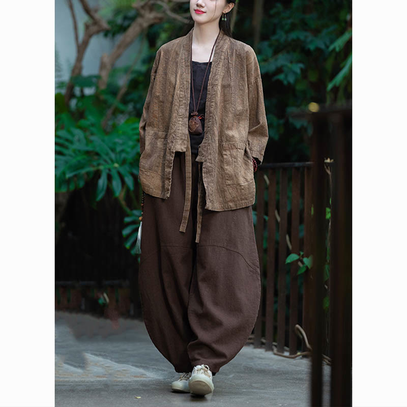 Buddha Stones Hanfu Design Chaqueta de lino de ramio con manga tres cuartos Chaqueta superior con parte delantera abierta - image 24