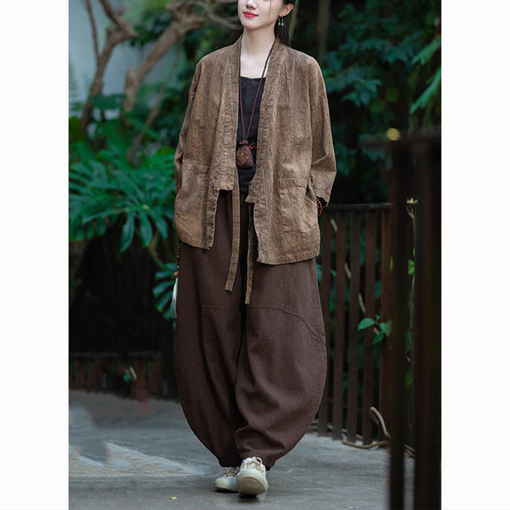 Buddha Stones Hanfu Design Chaqueta de lino de ramio con manga tres cuartos Chaqueta superior con parte delantera abierta - image 24